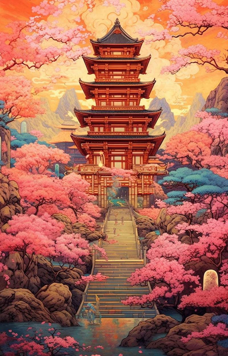 武汉城市高层古风建筑楼梯台阶旁两侧粉色樱花花瓣飘落飞舞唯美景象,插画/手绘图,插画/手绘图库,插画/手绘图下载,插画/手绘